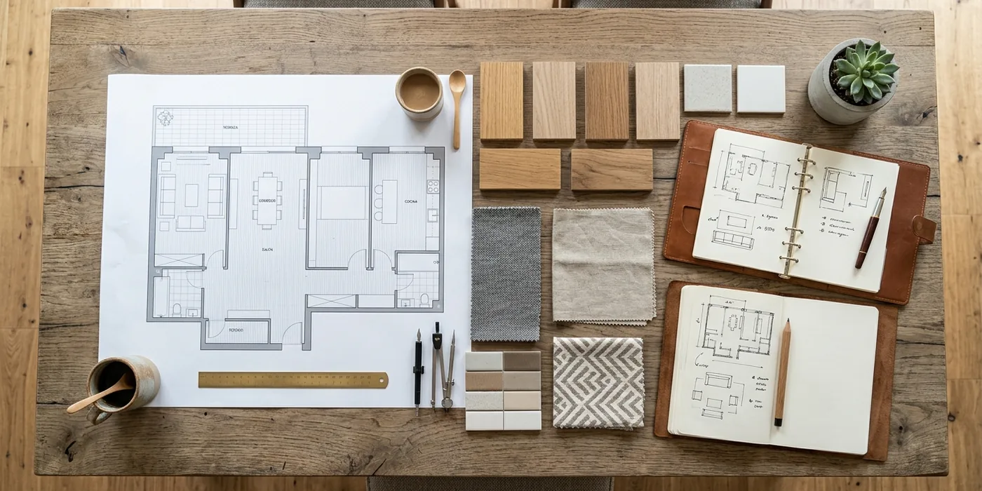 Mesa de trabajo con el plano de un piso, muestras de madera y tejidos y cuadernos de diseño