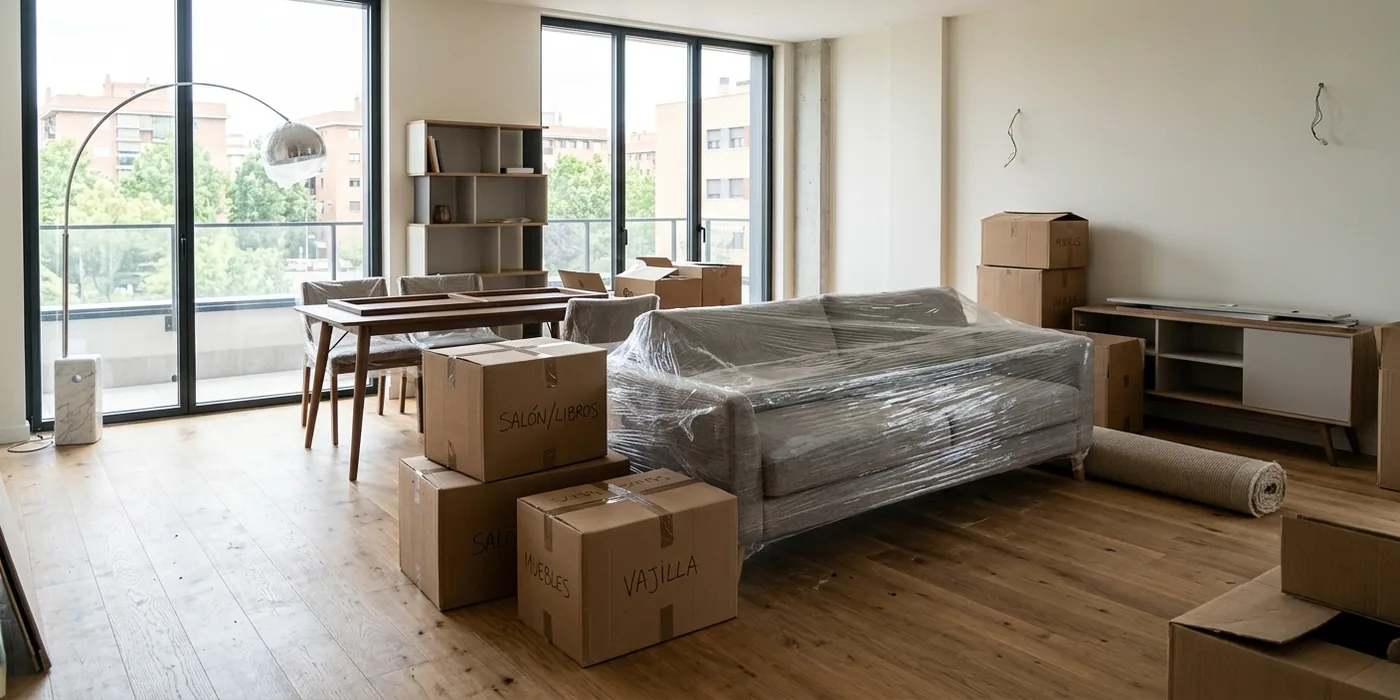 Salón con el sofá protegido con plástico y cajas de mudanza listas para el traslado